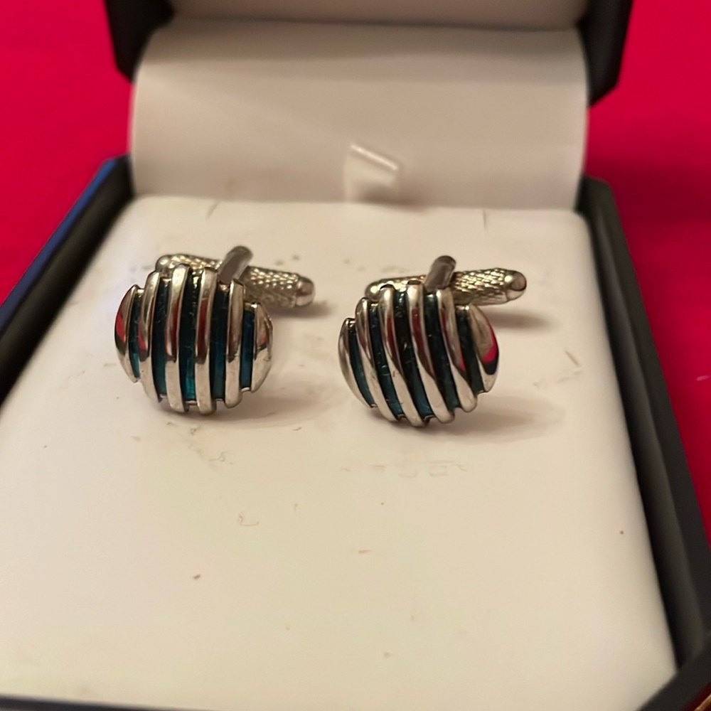 Unbranded Contemporary Round Stripe Grill Cufflinks- Blue/Silver-T-Bar Fastening